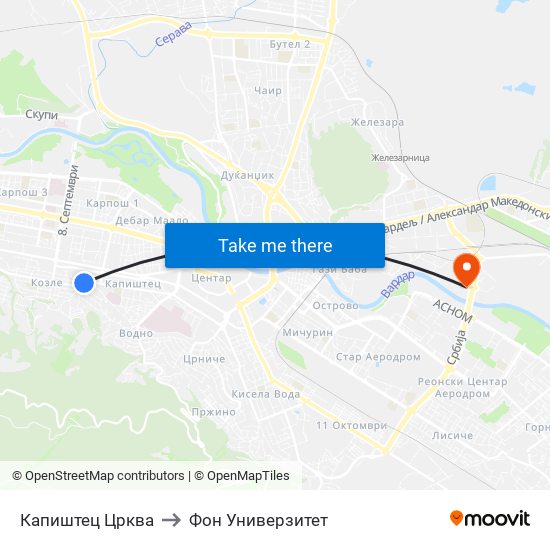 Капиштец Црква to Фон Универзитет map