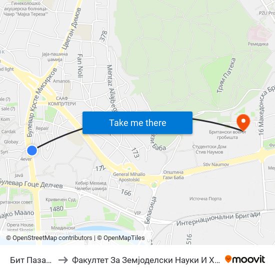 Бит Пазар 2 to Факултет За Земјоделски Науки И Храна map