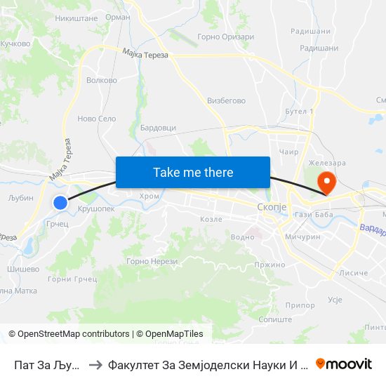 Пат За Љубин to Факултет За Земјоделски Науки И Храна map