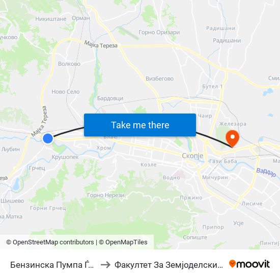 Бензинска Пумпа Ѓорче Петров to Факултет За Земјоделски Науки И Храна map