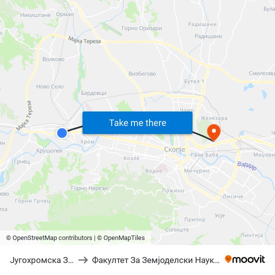 Југохромска Зграда to Факултет За Земјоделски Науки И Храна map