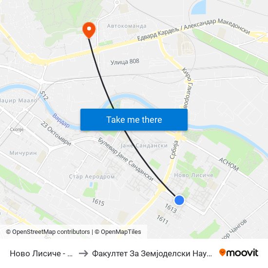 Ново Лисиче - Пошта to Факултет За Земјоделски Науки И Храна map