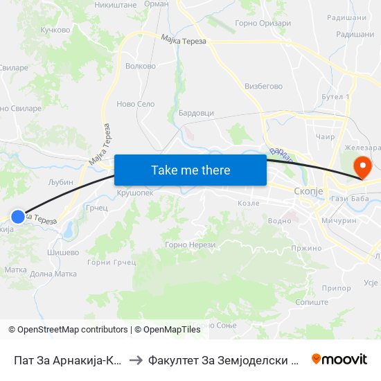Пат За Арнакија-Кон Центар to Факултет За Земјоделски Науки И Храна map