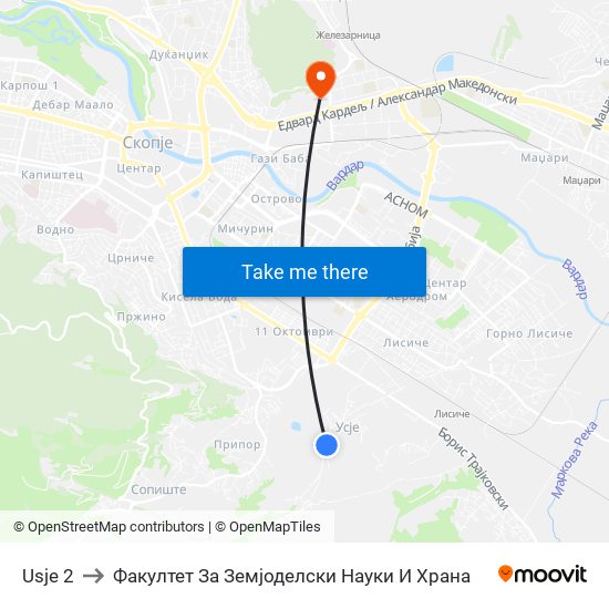 Usje 2 to Факултет За Земјоделски Науки И Храна map