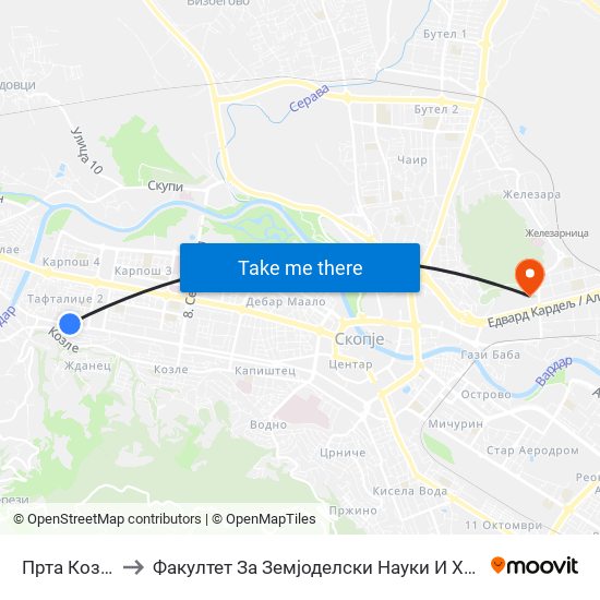 Прта Козле to Факултет За Земјоделски Науки И Храна map