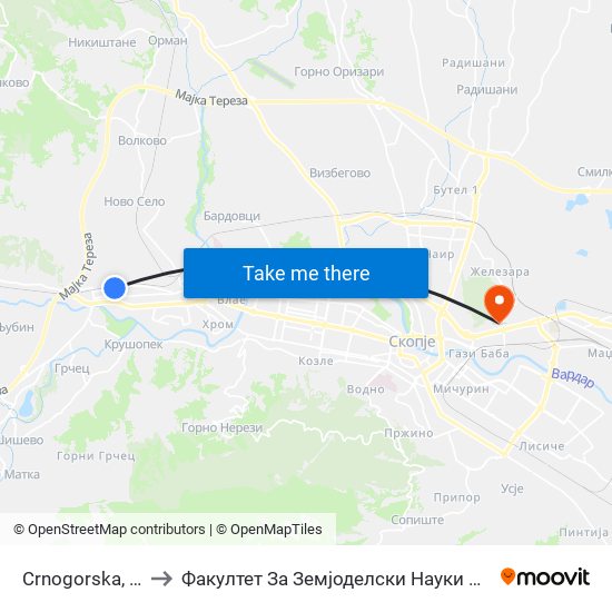 Crnogorska, 35a to Факултет За Земјоделски Науки И Храна map