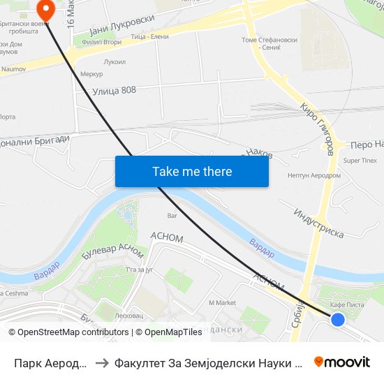Парк Аеродром to Факултет За Земјоделски Науки И Храна map