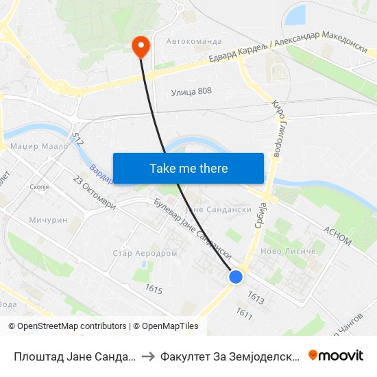 Плоштад Јане Сандански-Кон Усје to Факултет За Земјоделски Науки И Храна map