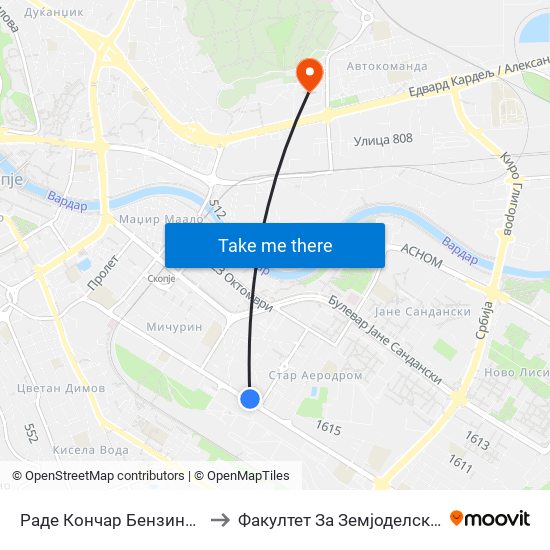 Раде Кончар Бензинска-Кон Центар to Факултет За Земјоделски Науки И Храна map