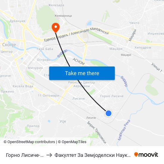 Горно Лисиче-Кон Т to Факултет За Земјоделски Науки И Храна map