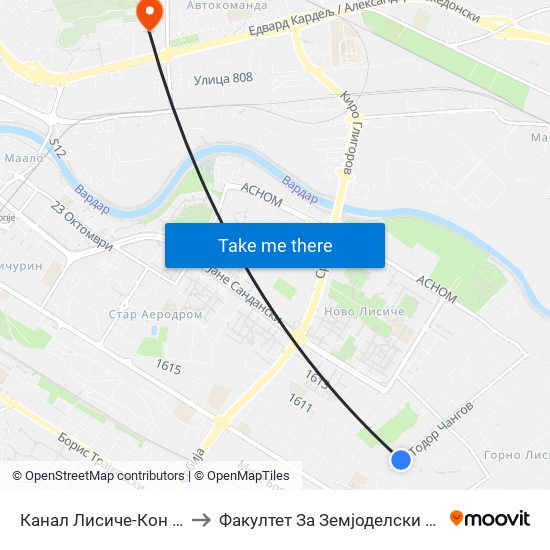 Канал Лисиче-Кон Островска to Факултет За Земјоделски Науки И Храна map