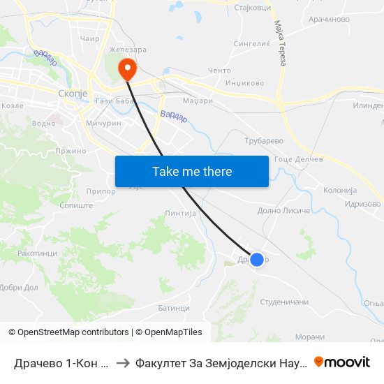 Драчево 1-Кон Центар to Факултет За Земјоделски Науки И Храна map