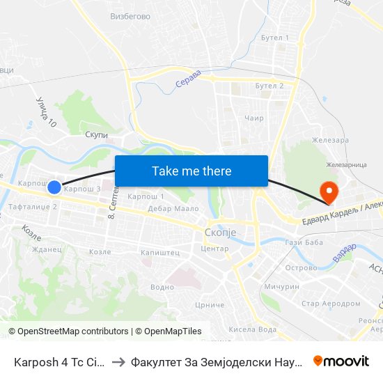 Karposh 4 Tc City Mall to Факултет За Земјоделски Науки И Храна map