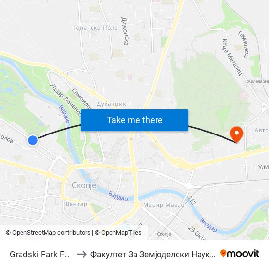 Gradski Park Fontana to Факултет За Земјоделски Науки И Храна map