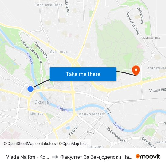Vlada Na Rm - Kon Centar to Факултет За Земјоделски Науки И Храна map