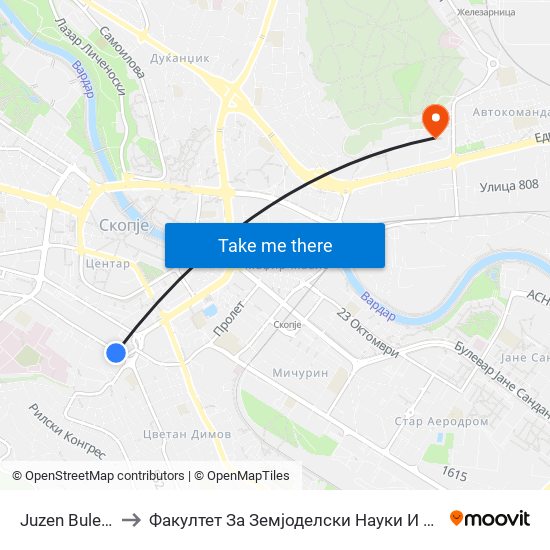 Juzen Bulevar to Факултет За Земјоделски Науки И Храна map