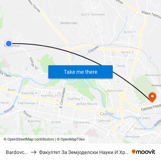 Bardovci 1 to Факултет За Земјоделски Науки И Храна map