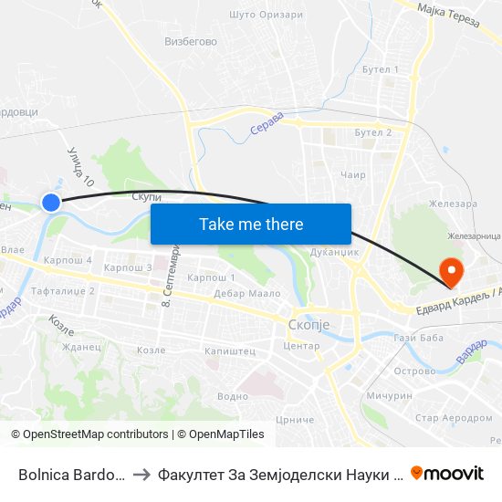 Bolnica Bardovci 1 to Факултет За Земјоделски Науки И Храна map
