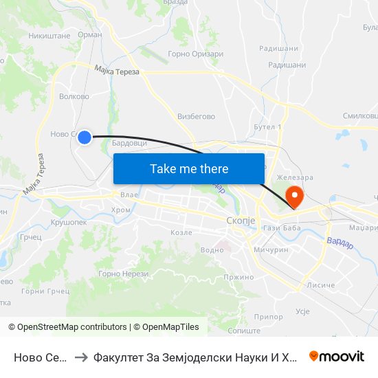 Ново Село to Факултет За Земјоделски Науки И Храна map