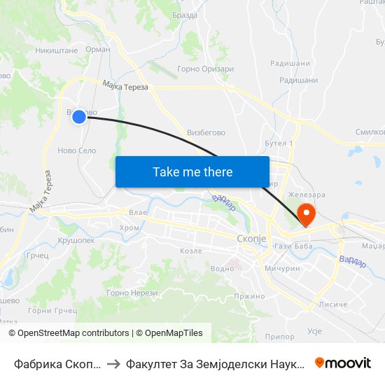 Фабрика Скопјанка to Факултет За Земјоделски Науки И Храна map