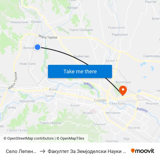 Село Лепенец 1 to Факултет За Земјоделски Науки И Храна map