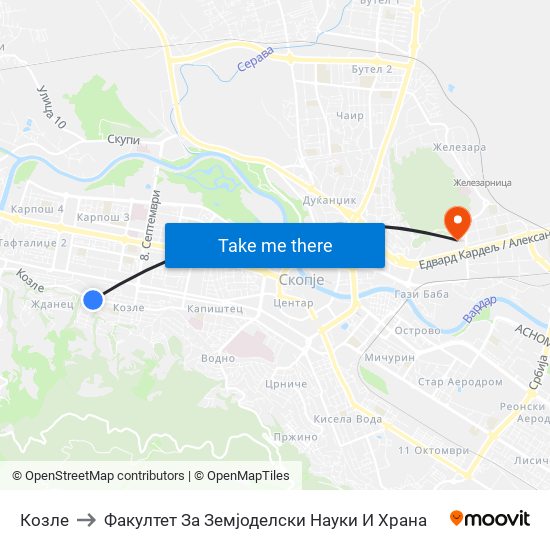 Козле to Факултет За Земјоделски Науки И Храна map