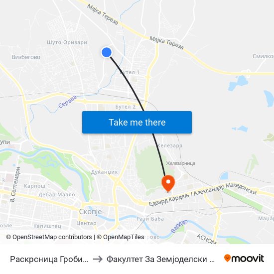 Раскрсница Гробишта Бутел to Факултет За Земјоделски Науки И Храна map
