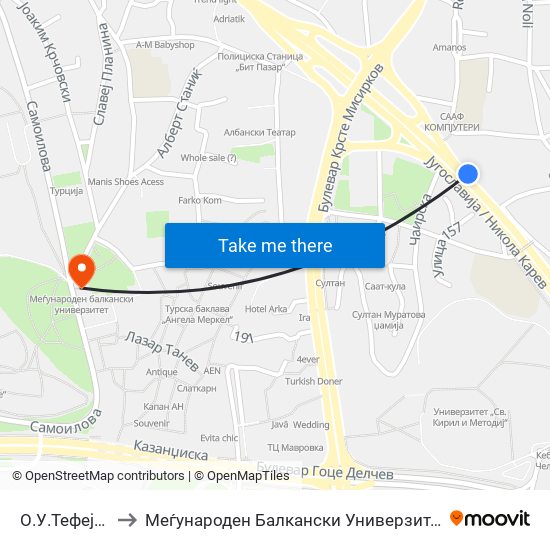 О.У.Тефејуз to Меѓународен Балкански Универзитет map