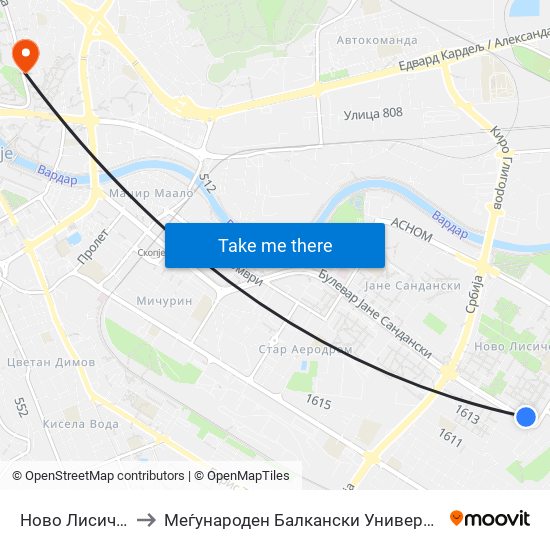 Ново Лисиче 1 to Меѓународен Балкански Универзитет map