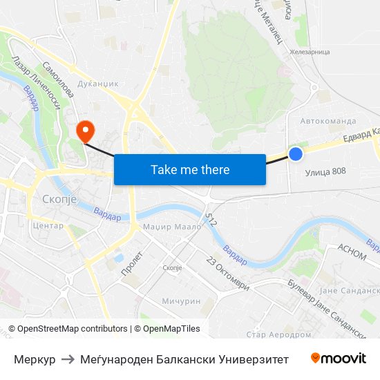 Меркур to Меѓународен Балкански Универзитет map