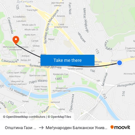 Општина Гази Баба to Меѓународен Балкански Универзитет map