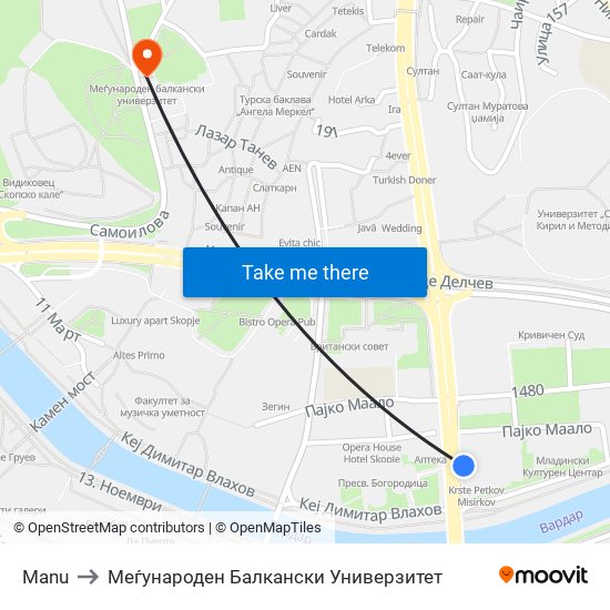Manu to Меѓународен Балкански Универзитет map