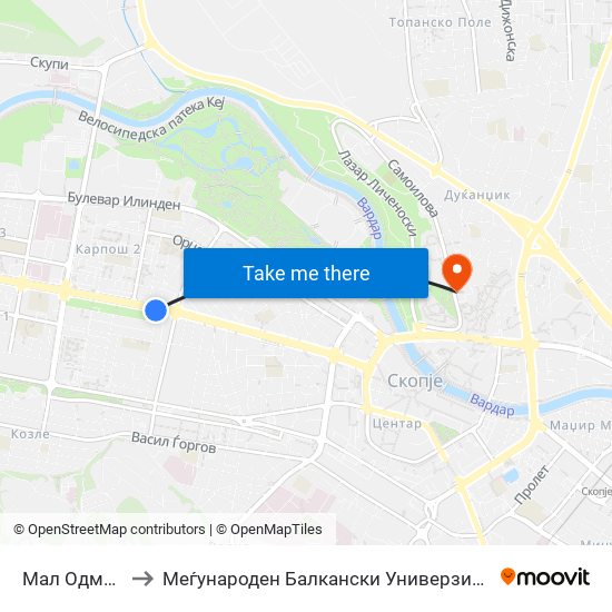 Мал Одмор to Меѓународен Балкански Универзитет map