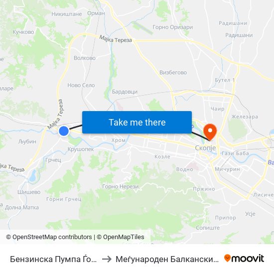 Бензинска Пумпа Ѓорче Петров to Меѓународен Балкански Универзитет map