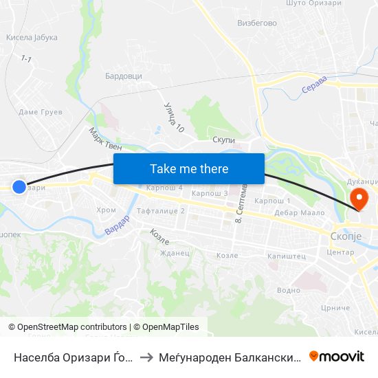 Населба Оризари Ѓорче Петров to Меѓународен Балкански Универзитет map