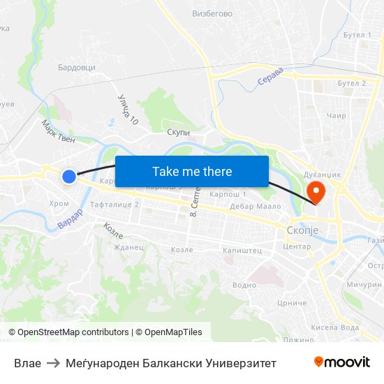 Влае to Меѓународен Балкански Универзитет map