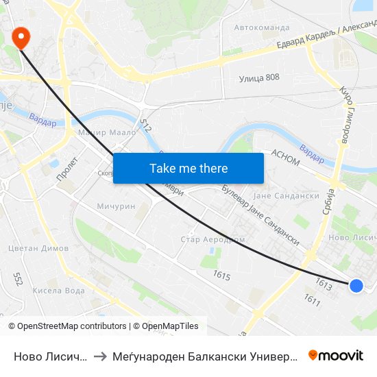 Ново Лисиче 1 to Меѓународен Балкански Универзитет map