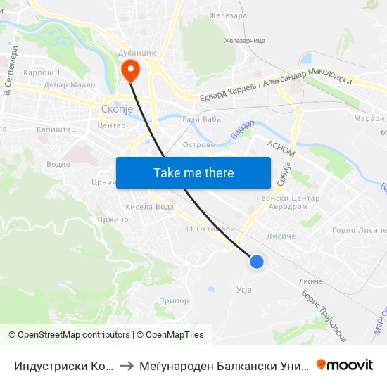 Индустриски Колосек to Меѓународен Балкански Универзитет map