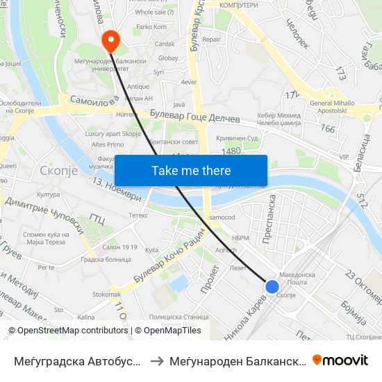 Меѓуградска Автобуска-Кон Центар to Меѓународен Балкански Универзитет map