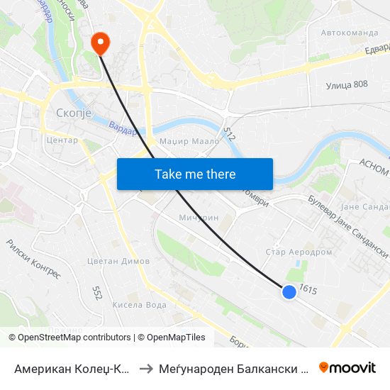 Американ Колеџ-Кон Центар to Меѓународен Балкански Универзитет map