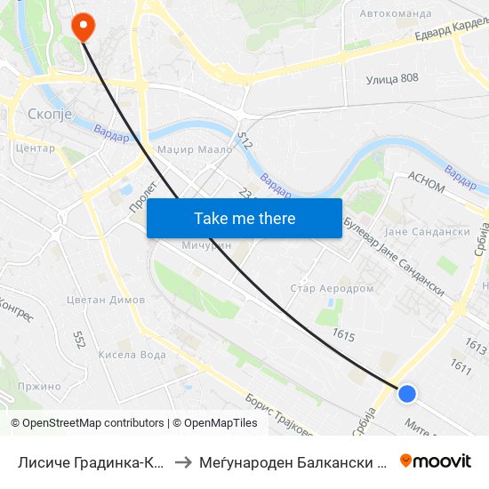 Лисиче Градинка-Кон Центар to Меѓународен Балкански Универзитет map