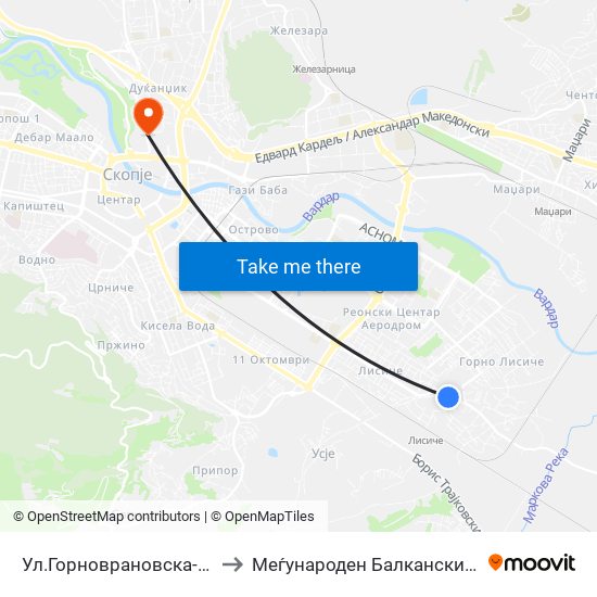 Ул.Горноврановска-Кон Центар to Меѓународен Балкански Универзитет map