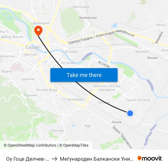 Оу Гоце Делчев-Кон Т to Меѓународен Балкански Универзитет map