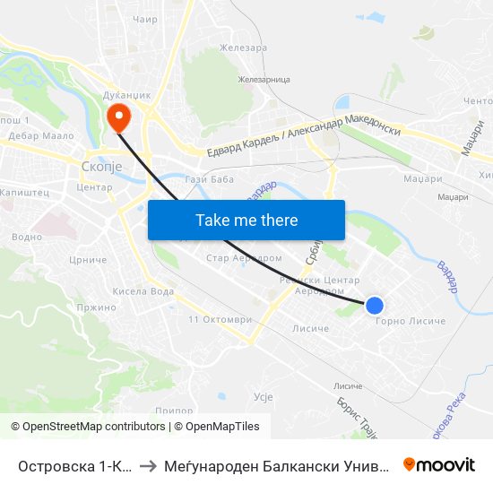 Островска  1-Кон Т to Меѓународен Балкански Универзитет map