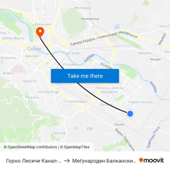 Горно Лисиче Канал-Кон Центар to Меѓународен Балкански Универзитет map