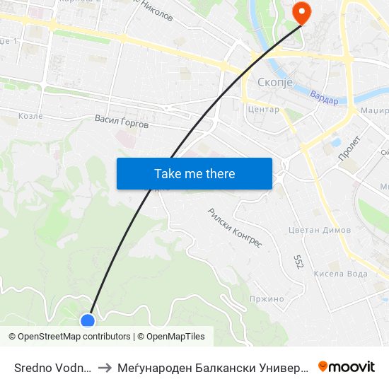 Sredno Vodno T to Меѓународен Балкански Универзитет map