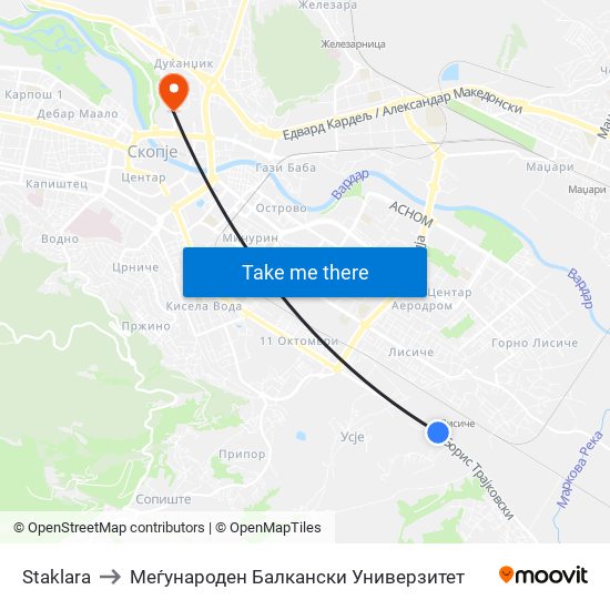 Staklara to Меѓународен Балкански Универзитет map