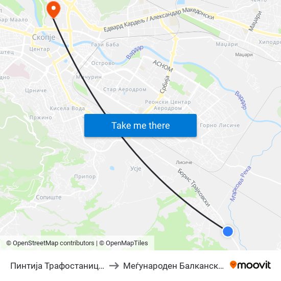 Пинтија Трафостаница-Кон Центар to Меѓународен Балкански Универзитет map