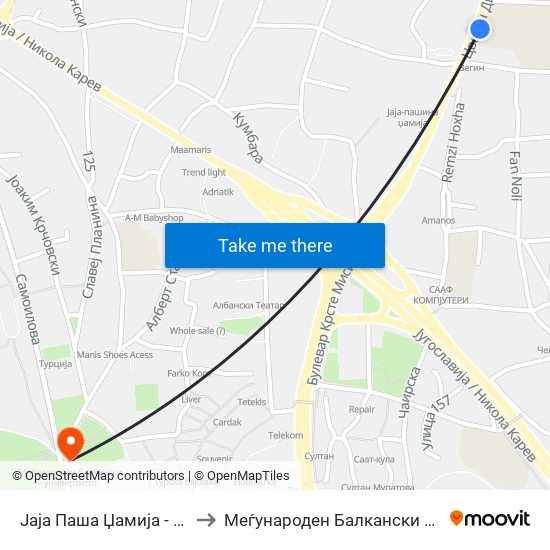 Јаја Паша Џамија - Кон Бутел to Меѓународен Балкански Универзитет map