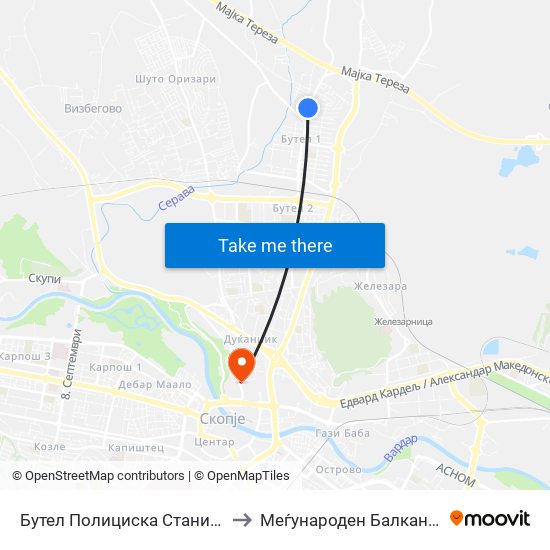 Бутел Полициска Станица - Кон Радишани to Меѓународен Балкански Универзитет map
